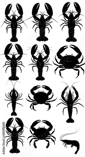 Black vector silhouettes of lobsters, crabs, and shrimp seafood set, isolated on white