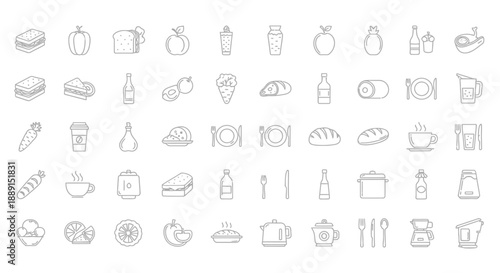 A collection of hand drawn food and kitchen utensil icons arranged in a grid pattern monochrome style