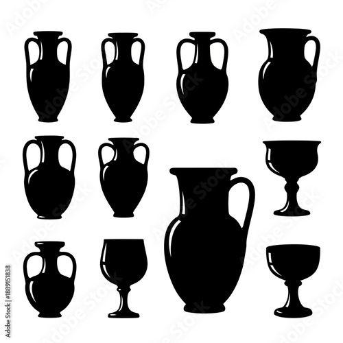 Ancient Greek pottery black vector silhouettes set. Amphora, krater, kylix, oinochoe, hydria, and kantharos shapes isolated on white