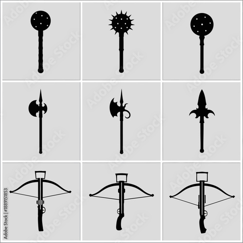 Medieval weapons vector icon set: maces, battle axes, spears, and crossbows in black silhouette, isolated on white