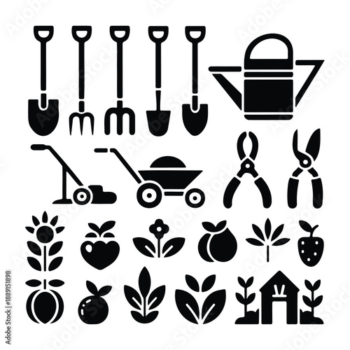 Gardening Icon Set of Agriculture Farming Tools and Plant Silhouettes