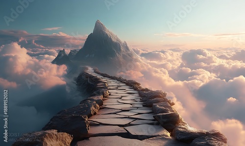 Stone path leads to mountain peak above clouds. Journey to success concept. Adventure background with persistence, courage, determination. Opportunity, challenge, progress for growth, forward.