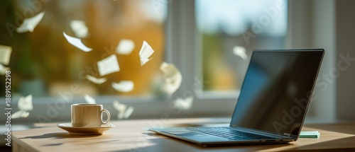 Wallpaper Mural Digital Desk Chaos: Notes Flying Around Laptop and Coffee Cup Torontodigital.ca
