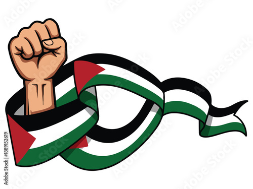 Cartoon illustration of raised fist wrapped in Palestinian flag ribbon symbolizing solidarity and activism for freedom and resistance  Middle Eastern politics and social movements