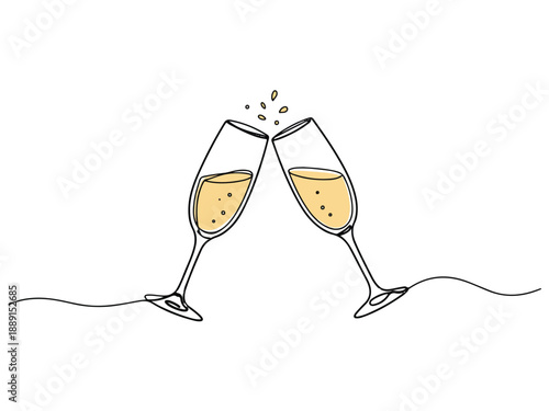 Champagne glasses clinking together with bubbly liquid and splashing droplets on transparent background