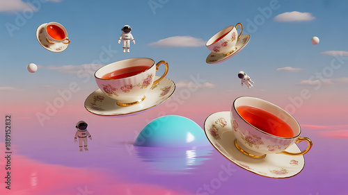 Wallpaper Mural Celestial Tea Party: A whimsical and surreal scene unfolds as teacups float amidst a dreamy, pastel-colored sky, with miniature astronauts adding a touch of fantasy. Torontodigital.ca