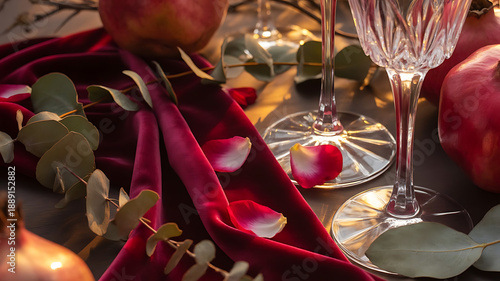 Wallpaper Mural Elegant Table Setting: A romantic table setting comes to life with a plush, red velvet cloth, adorned with fresh rose petals, sparkling crystal glassware, and ripe pomegranates, all bathed in soft. Torontodigital.ca
