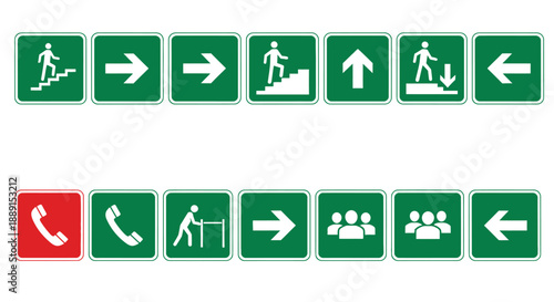 A collection of green and red emergency exit and safety instruction signage depicting various directions and actions