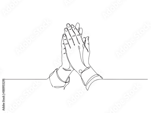 Line drawing of two hands together in one line art style high five or prayer gesture