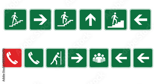 A collection of green and red safety signs depicting emergency exits directions and assistance