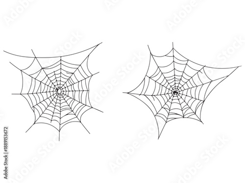 Two black line drawings of spider webs on white background  detailed illustrations