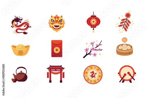 Lunar New Year Festive Symbols Collection in Modern Flat Design Style, Featuring Traditional Elements for Cultural Celebrations and Holiday Greetings