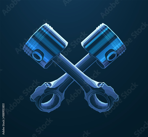 Two piston in cross form on blue. Engine piston, Cylinder additive, Spare rod, Motorcycle motor, Crankshaft technology, Industry innovation, Auto mechanic, Car concept

