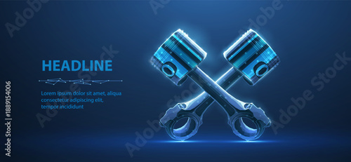 Two piston in cross form on blue. Engine piston, Cylinder additive, Spare rod, Motorcycle motor, Crankshaft technology, Industry innovation, Auto mechanic, Car concept

