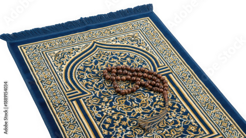 Islamic prayer rug with tasbeeh beads isolated on transparent background