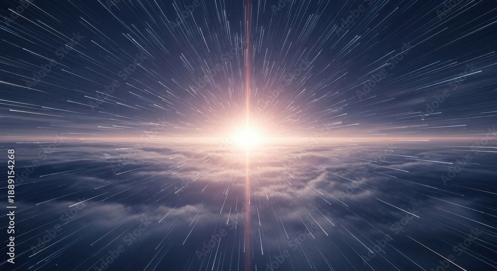 Fototapeta premium Warp Speed Light Streaks Towards Bright Light