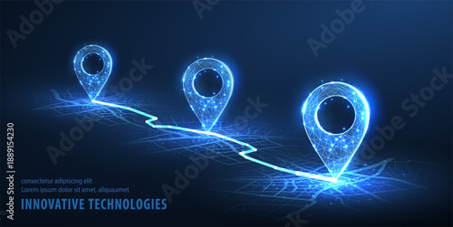 GPS. Abstract vector three pin icons on blue city map with white line connection. Transportation delivery, map location, transport logistic, tourism navigate, route path concept. Gps point navigation
