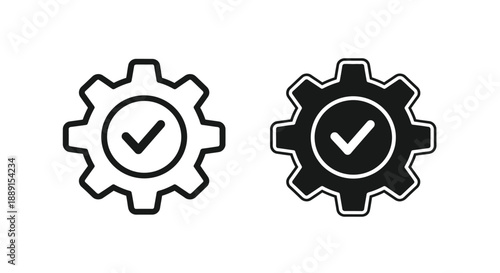 Two black and white gear icons are displayed each containing a centered checkmark symbol inside