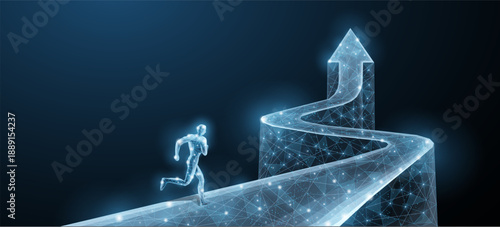 Man is running at the way that ends with an up arrow. Growth opportunity, Dream career, Goal achievement, Leadership success , Ambition rise, Financial success, Competition strategy, mountain concept

