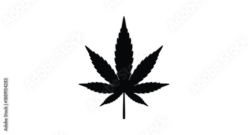 A black silhouette of a cannabis leaf against a white background