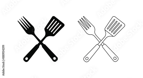 Black and white illustration of crossed fork and spatula kitchen utensils