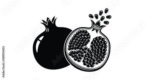A black and white illustration depicting a whole and halved pomegranate fruit