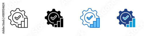 Data Excellence Multiple Style Icon Design Vector - Gear with checkmark and bar chart, representing data excellence, quality assurance, and performance optimization