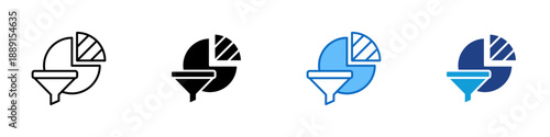Data Filter Multiple Style Icon Design Vector - Funnel combined with pie chart, representing data filtering, selection, and information refinement