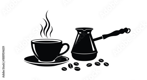 Black and white illustration of a cezve cup and coffee beans