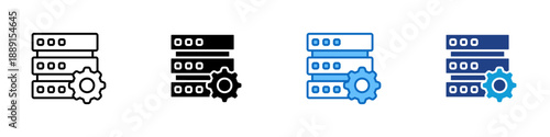 Data Management Multiple Style Icon Design Vector - Stacked servers with gear symbol, representing data management, system control, and data organization