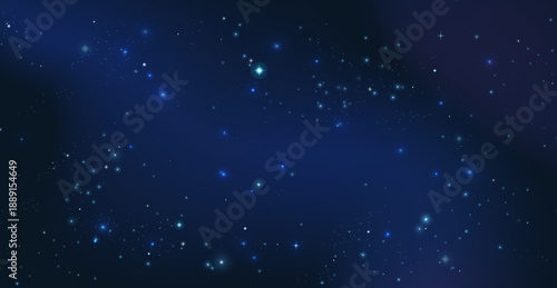 Dark blue night sky with glowing stars and scattered light particles. Cosmic background, universe sparkle, astronomy texture, abstract space wallpaper concept. Vector illustration.