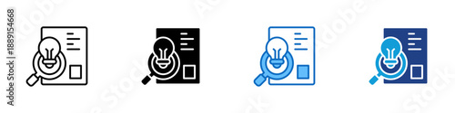 Discovery Multiple Style Icon Design Vector - Document with light bulb and magnifier, representing discovery, insight generation, and idea exploration