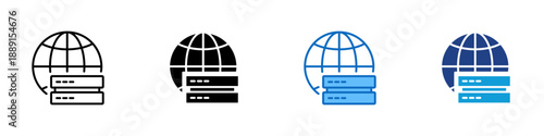 Hosting Multiple Style Icon Design Vector - Globe with server stack, representing web hosting, global connectivity, and network infrastructure