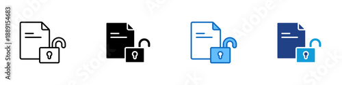 File Access Multiple Style Icon Design Vector - Document with unlocked padlock, representing file access, permission control, and data security
