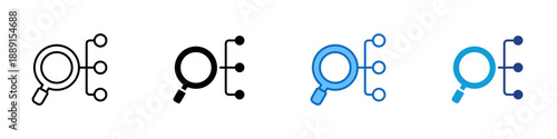 Results Multiple Style Icon Design Vector - Magnifying glass connected to nodes, representing results, outcome analysis, and data interpretation
