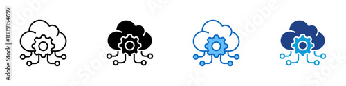 Cloud Management Multiple Style Icon Design Vector - Cloud with gear and connection nodes, representing cloud management, infrastructure control, and system orchestration