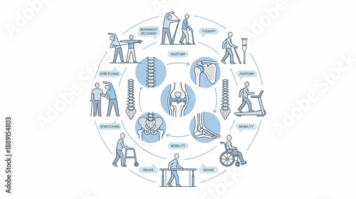 Rehabilitation Process Infographic – Circular Blue-Toned Vector Featuring Physical Therapy Stages, Equipment, and Patient Activities for Clinical, Educational, and Wellness Use