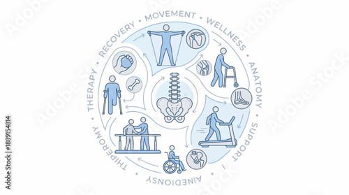 Rehabilitation Process Infographic – Circular Blue-Toned Vector Featuring Physical Therapy Stages, Equipment, and Patient Activities for Clinical, Educational, and Wellness Use