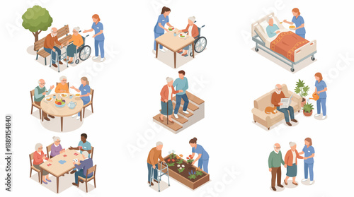 Physical Therapy & Rehabilitation Illustration – Colorful Vector Set Featuring Patient Recovery Activities and Therapist Support for Clinical, Educational, and Wellness Use