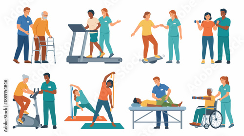 Physical Therapy & Rehabilitation Illustration – Colorful Vector Set Featuring Patient Recovery Activities and Therapist Support for Clinical, Educational, and Wellness Use