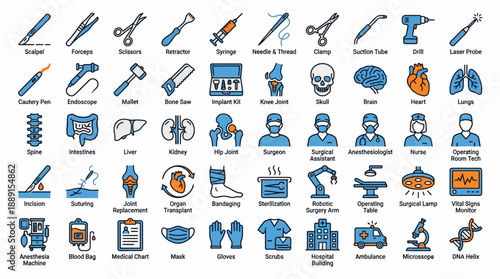 Surgical & Hospital Equipment Icon Set – 54 Blue and Orange Line Vectors Featuring Medical Tools, Staff Roles, and Procedures for Clinical and Educational Use