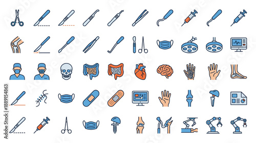 Surgical & Hospital Equipment Icon Set – 54 Blue and Orange Line Vectors Featuring Medical Tools, Staff Roles, and Procedures for Clinical and Educational Use