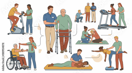 Physical Therapy & Rehabilitation Illustration – Colorful Vector Set Featuring Patient Recovery Activities and Therapist Support for Clinical, Educational, and Wellness Use