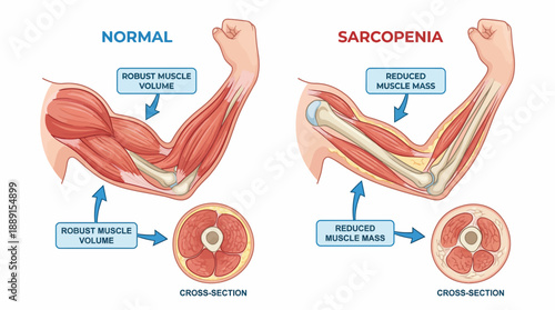 Sarcopenia vs Normal Muscle Anatomy Vector – Comparative Medical Diagram Showing Muscle Volume Loss, Fat Infiltration, and Cross-Sectional Changes for Educational Use