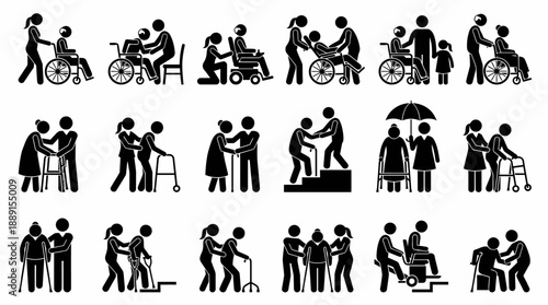 Elder Care & Support Vector Silhouette Set – 20 Black Icons Depicting Assistance Scenarios with Wheelchairs, Walkers, and Companionship for Healthcare and Educational Use