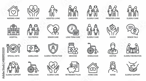 Elderly Care & Support Vector Icon Set – 36 Black Line Illustrations Depicting Services, Facilities, and Protection for Medical, Social, and Educational Use