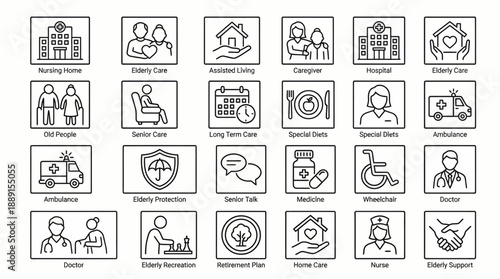 Elderly Care & Support Vector Icon Set – 36 Black Line Illustrations Depicting Services, Facilities, and Protection for Medical, Social, and Educational Use