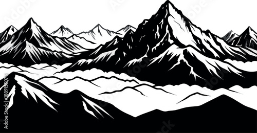 Dramatic Black and White Mountain Range Landscape Illustration with Snow Peaks and Clouds