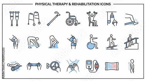 Physical Therapy Exercise Vector Set – 24 Blue and Gray Line Icons Depicting Mobility Aids, Stretching, Balance, and Strength Training for Rehab and Educational Use