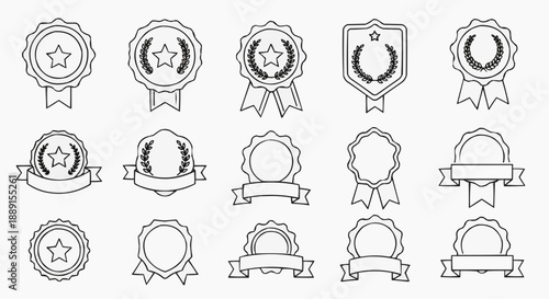 Collection of various badge icons and labels in a grid arrangement displayed in a simple line art style
